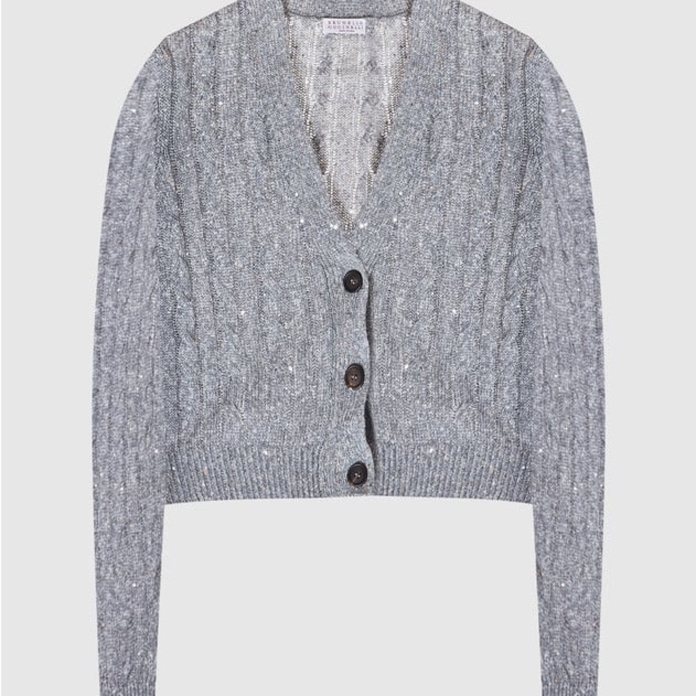 Brunello Cucinelli Cable-Knit Linen Blend Blue XS Cardigan
